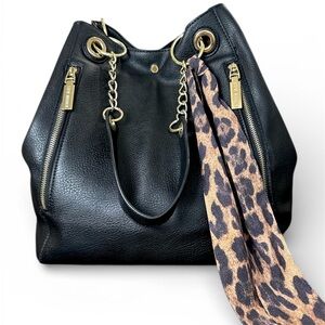 Steve Madden Large Black Leather Leopard Interior Bucket Bag